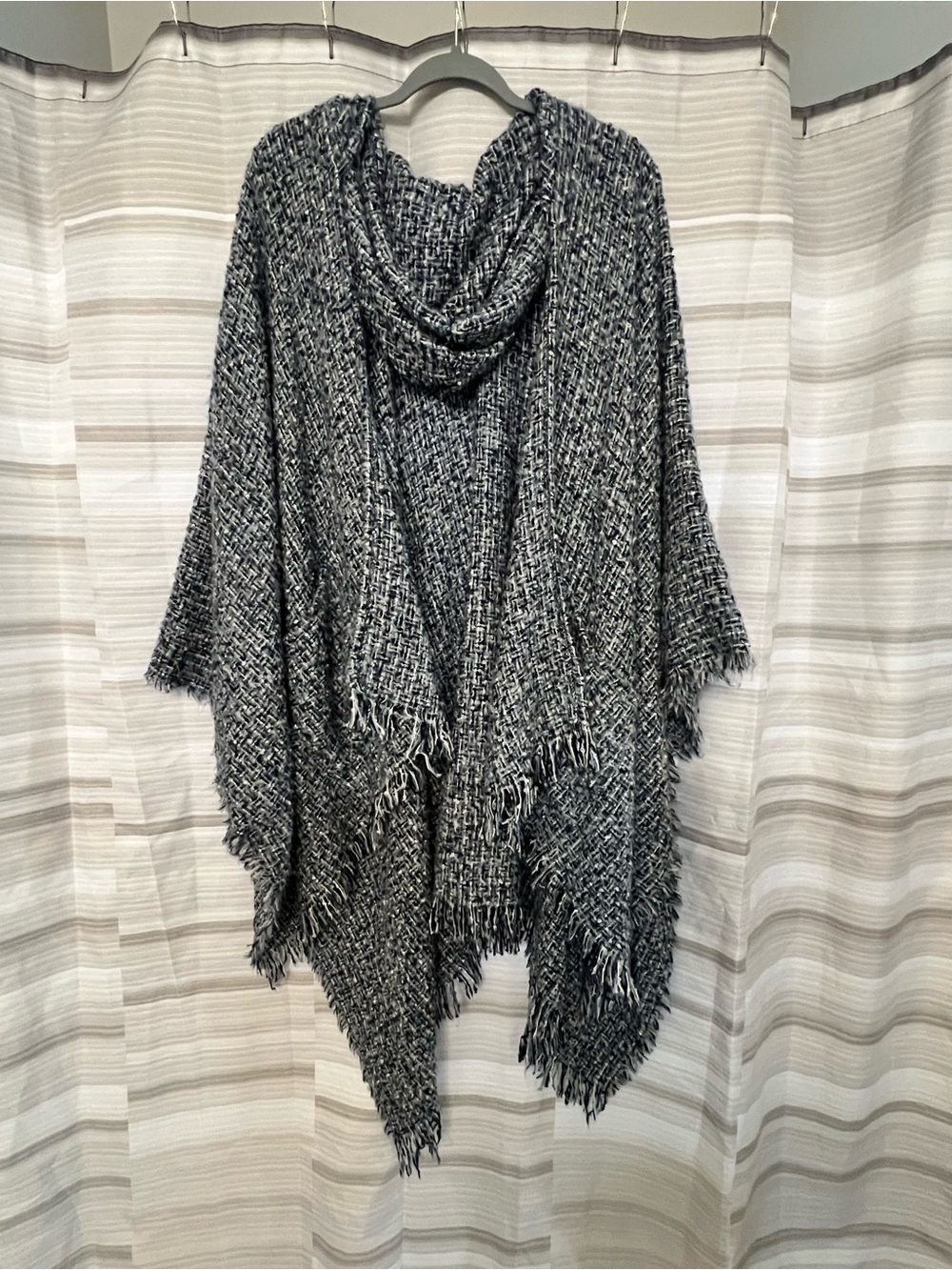 World Market Black & White Hooded Fringe Poncho